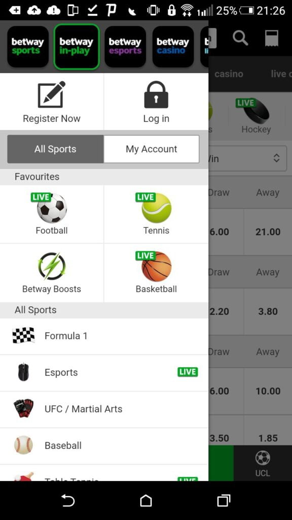 спортивная линия в приложении Betway на Android
