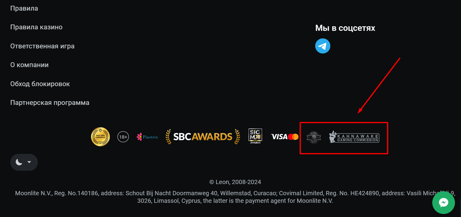 Данные о лицензии с кнопками-валидаторами на сайте БК Leon