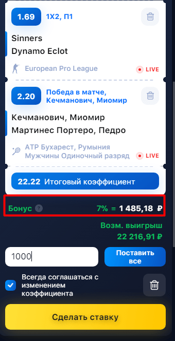 Данные про бонус на экспресс в купоне ставки на сайте 1Win