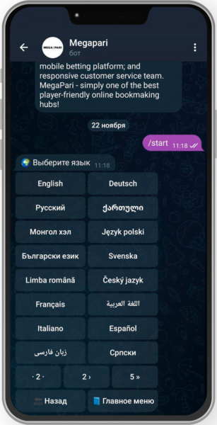 Актуальные языковые версии для бота Megapari