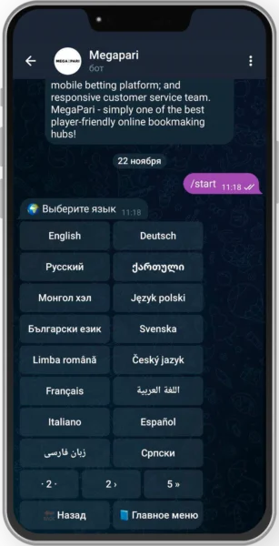Смена языка в Megapari Актуальные языковые версии для бота Megapari