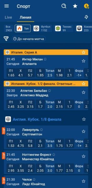 Список матчей и лиг в меню «Линия» приложения Mostbet