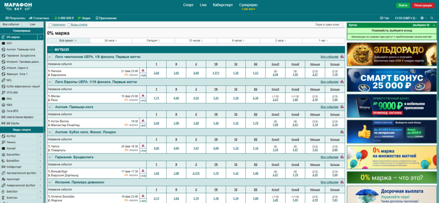 «Маржа 100%» у букмекерской конторы Марафон