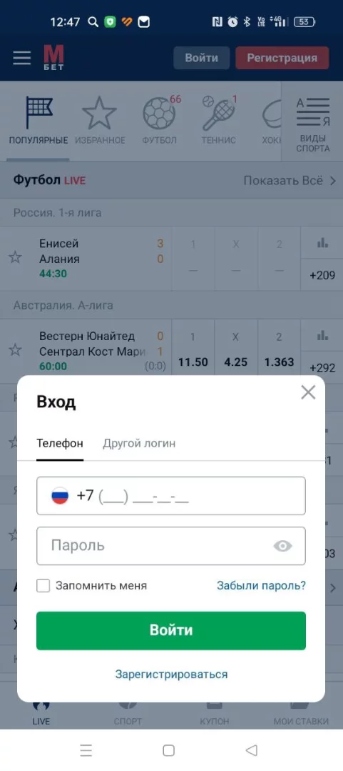 Анкета авторизации в приложении Marathonbet