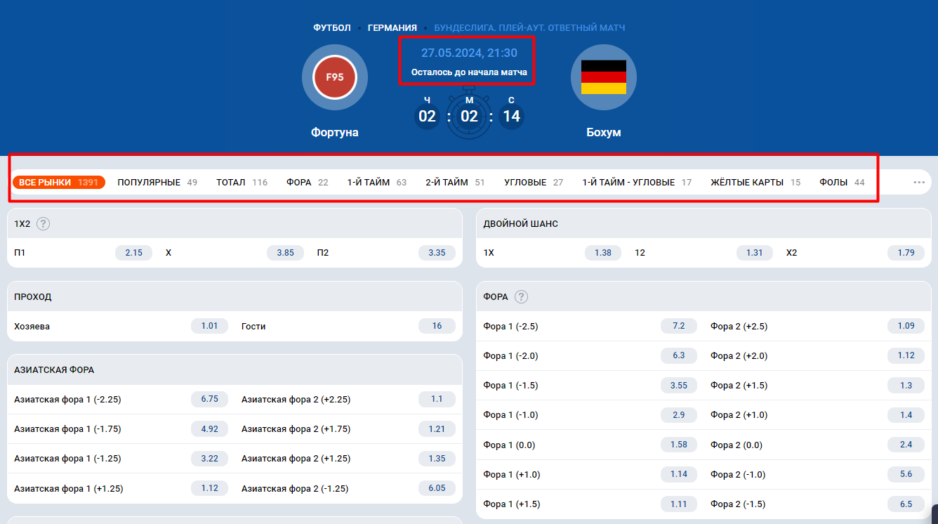 Основная информация и рынки по матчу Фортуна – Бохум в Mostbet
